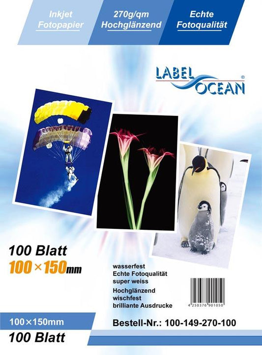 100 Blatt 10x15cm 270g/m² Fotopapier HGlossy+wasserfest von LabelOcean