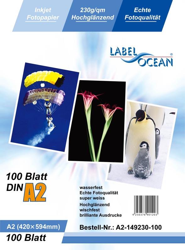 100 Blatt A2 230g/m² Fotopapier HGlossy+wasserfest von LabelOcean