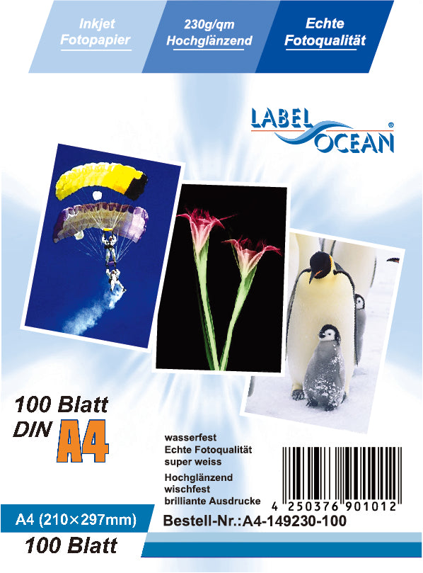100 Blatt A4 230g/m² Fotopapier HGlossy+wasserfest von LabelOcean