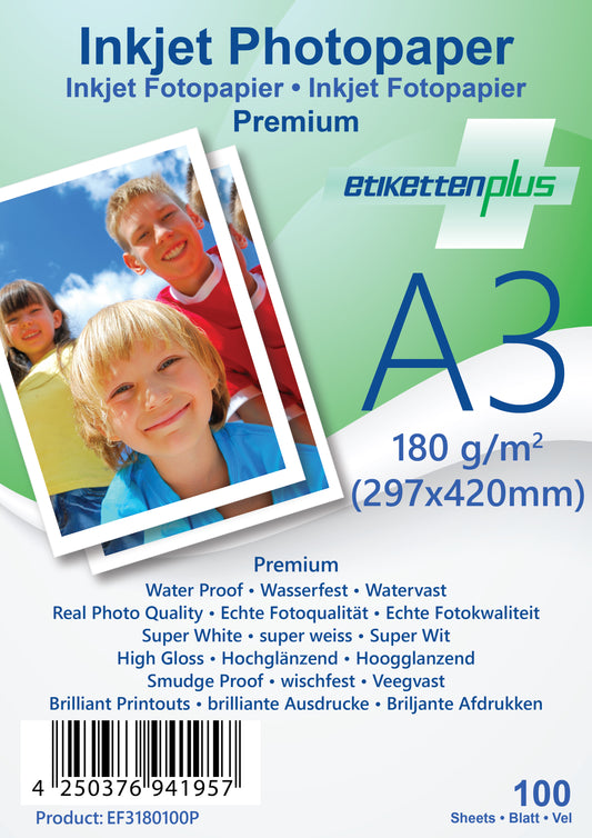 100 Blatt A3 180g/m² PREMIUM Fotopapier hoch-glänzend+wasserfest von EtikettenPlus