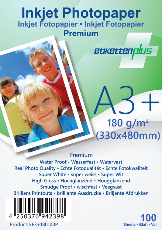 100 Blatt A3+ 180g/m² PREMIUM Fotopapier hoch-glänzend+wasserfest von EtikettenPlus