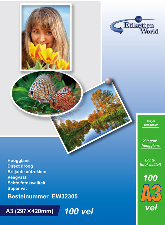 100 Blatt EtikettenWorld BV Fotopapier/ Fotokarten A3 230g/qm High Glossy und wasserfest