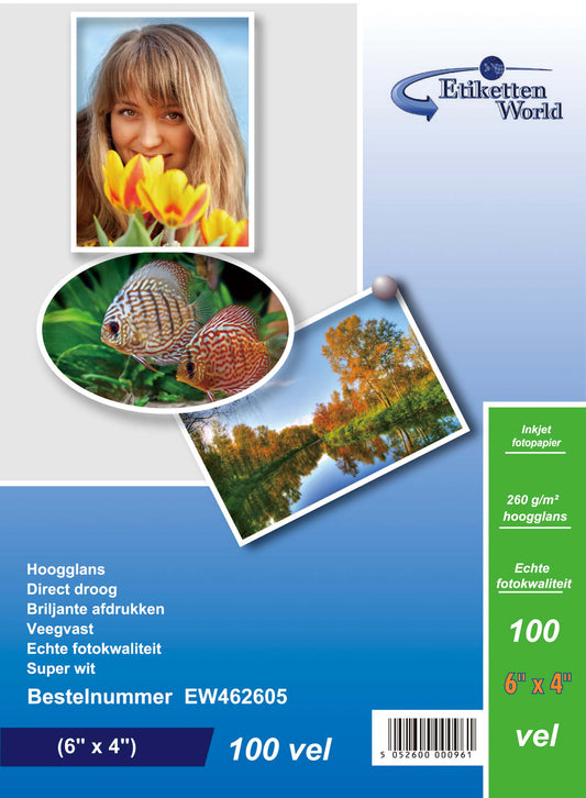 100 Blatt EtikettenWorld BV Fotopapier/ Fotokarten 6"x4" 260g/qm High Glossy und wasserfest