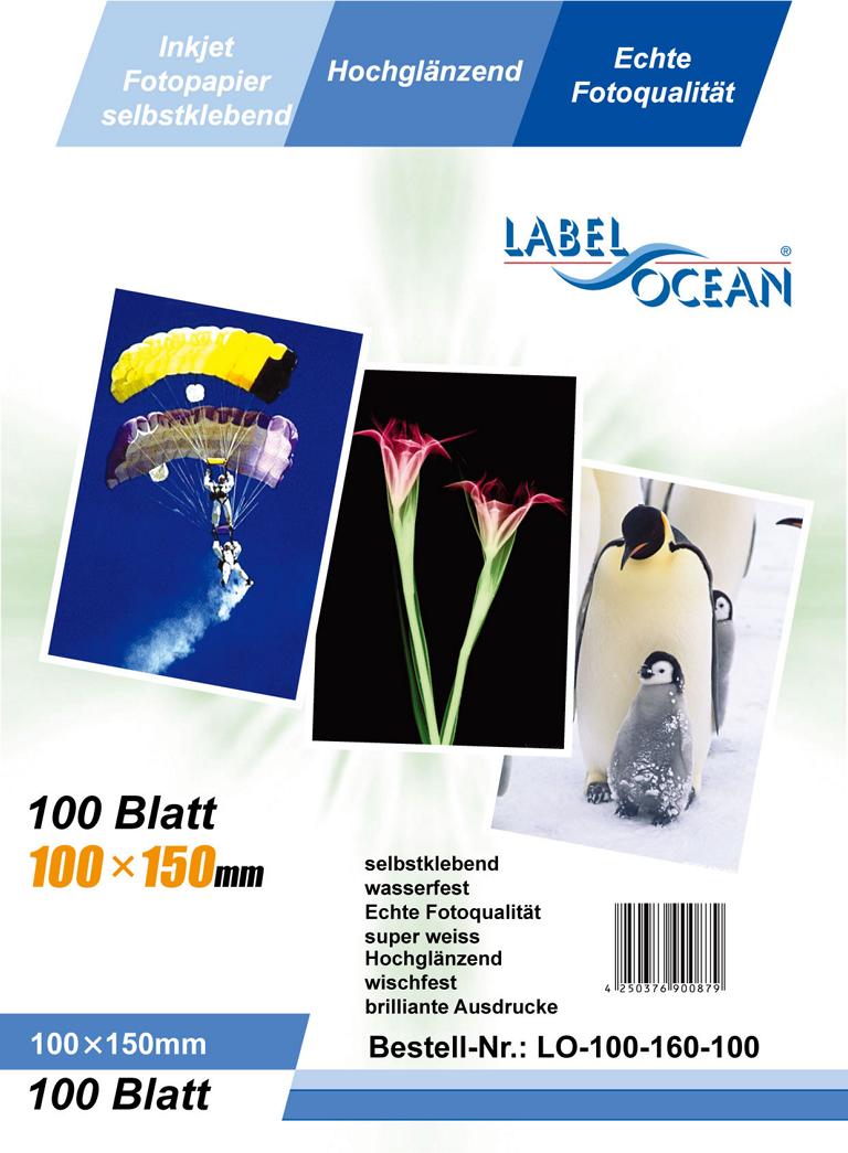 100 Bl. 10x15cm Fotopapier selbstklebend HighGlossy + wasserfest von LabelOcean