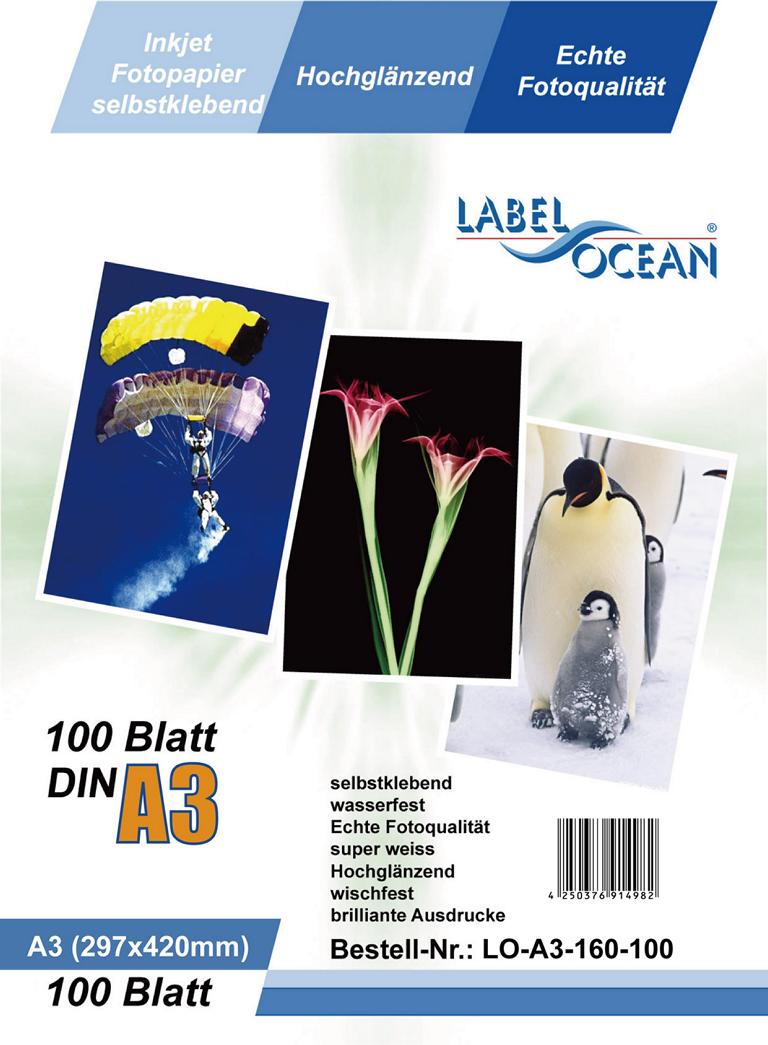 100 Bl. A3 Fotopapier selbstklebend HighGlossy + wasserfest von LabelOcean