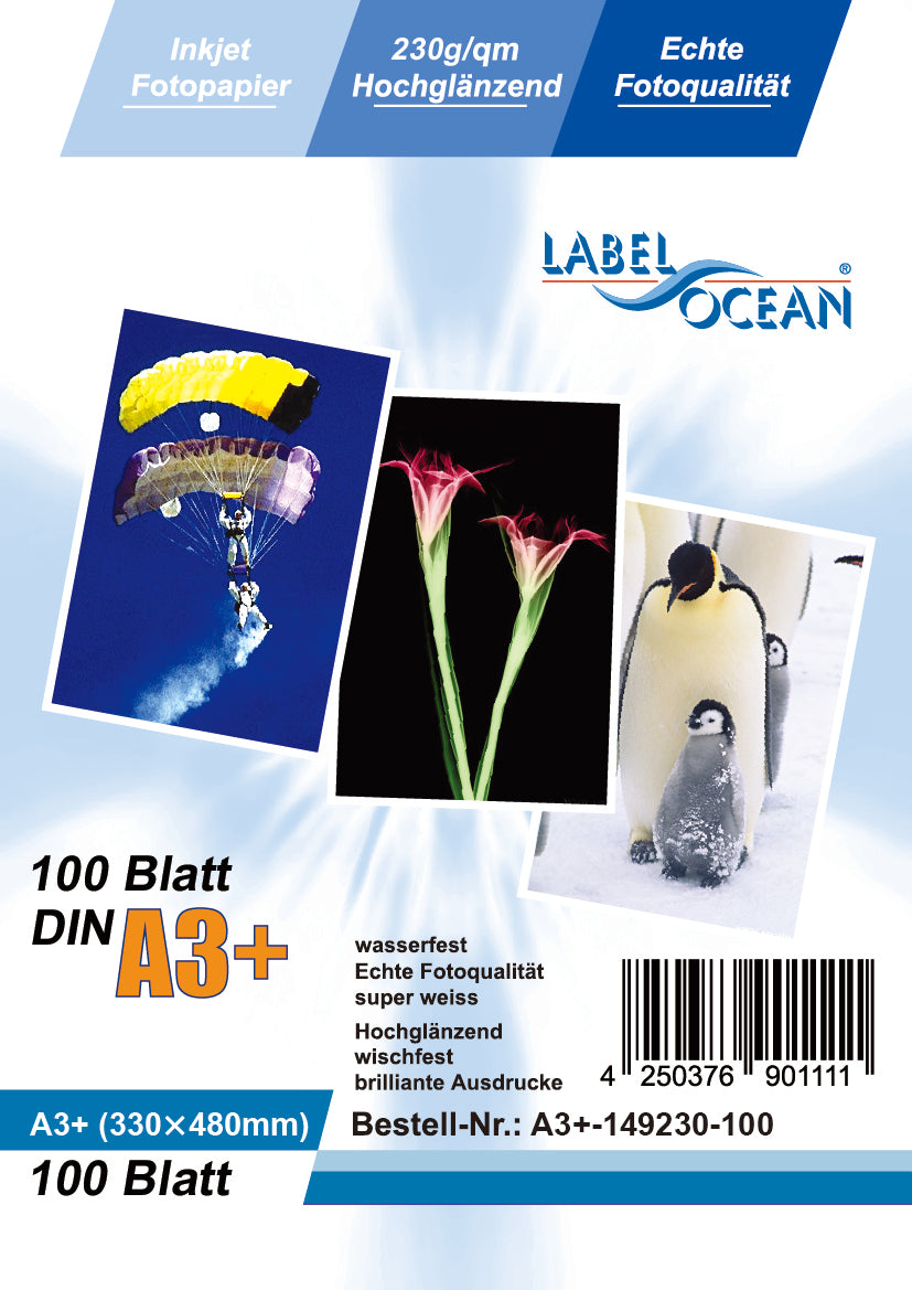 100 Blatt A3plus  230g/m² Fotopapier HGlossy+wasserfest von LabelOcean