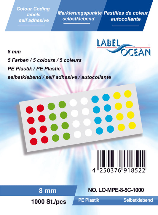 Markierungspunkte 8 mm 12 mm und 20 mm aus Plastik selbstklebend auf Bogen  5 Farben